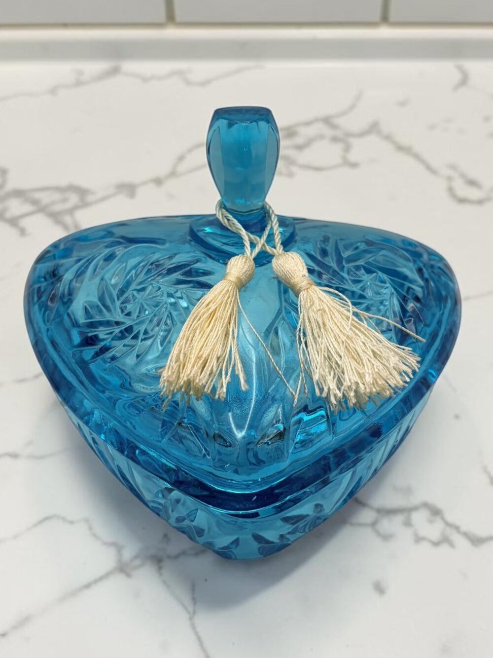 Vintage Hazel Atlas Blue Glass Footed Candy Dish with Lid Pinwheel Stars 7"